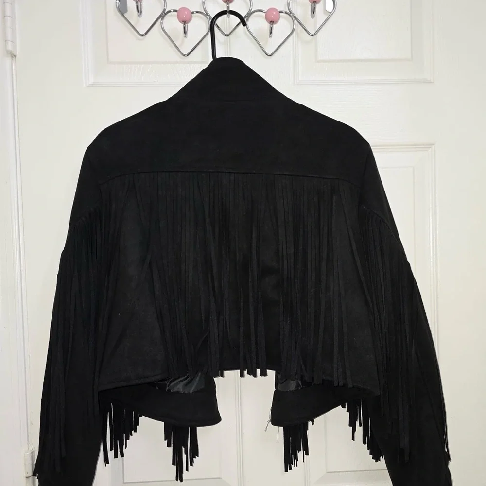 Women's Black Leather Fringe Jacket - Picture 3 of 3